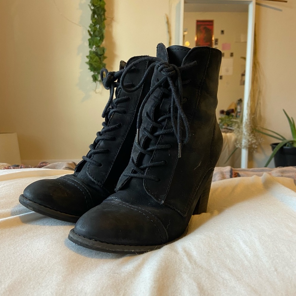 Black Lace up Heel Boots